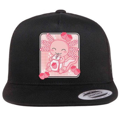 Pink Kawaii Aesthetic Axolotl Japanese Strawberry Milk Anime  Flat Bill Trucker Hat