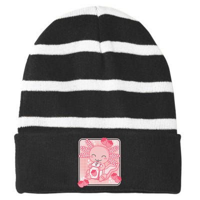 Pink Kawaii Aesthetic Axolotl Japanese Strawberry Milk Anime  Striped Beanie with Solid Band