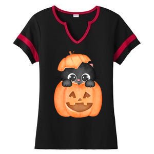 Pumpkin Kitty Cute Halloween Ladies Halftime Notch Neck Tee