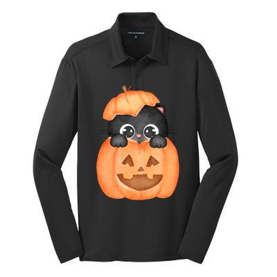 Pumpkin Kitty Cute Halloween Silk Touch Performance Long Sleeve Polo