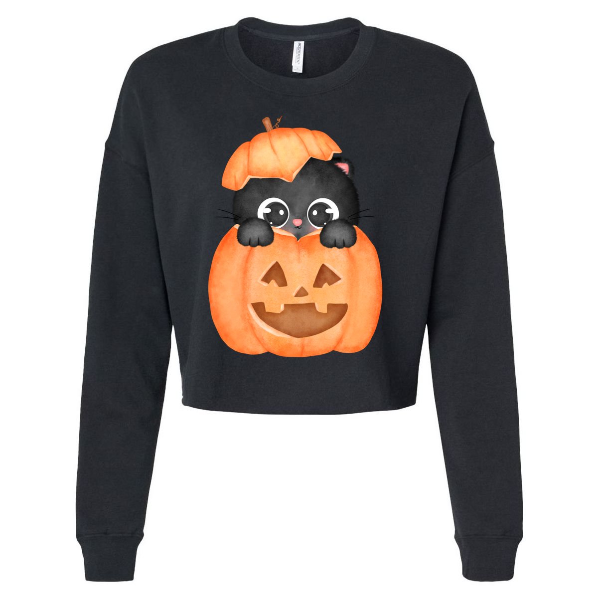 Pumpkin Kitty Cute Halloween Cropped Pullover Crew