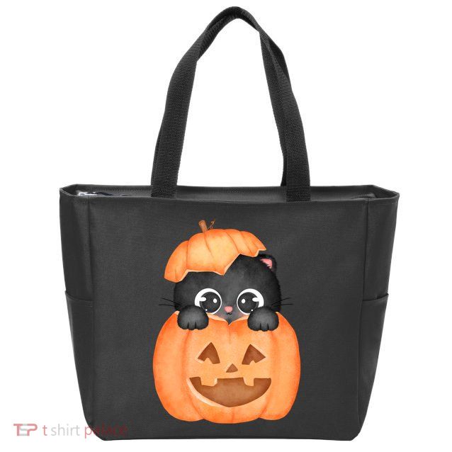 Pumpkin Kitty Cute Halloween Zip Tote Bag