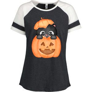 Pumpkin Kitty Cute Halloween Enza Ladies Jersey Colorblock Tee