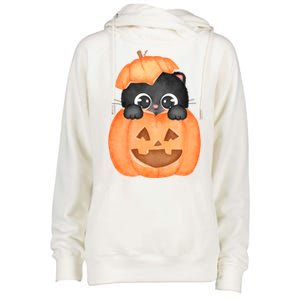 Pumpkin Kitty Cute Halloween Womens Funnel Neck Pullover Hood