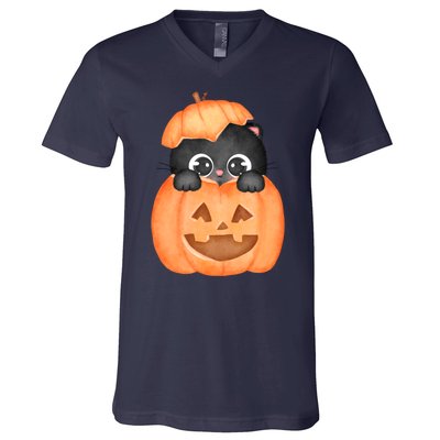 Pumpkin Kitty Cute Halloween V-Neck T-Shirt