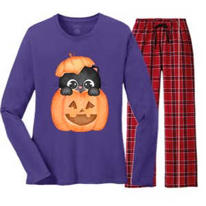 Pumpkin Kitty Cute Halloween Women's Long Sleeve Flannel Pajama Set 