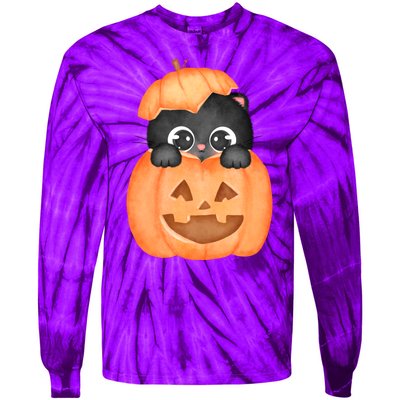 Pumpkin Kitty Cute Halloween Tie-Dye Long Sleeve Shirt