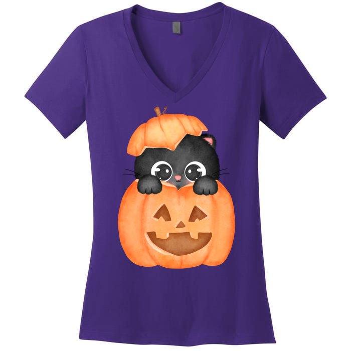 Pumpkin Kitty Cute Halloween Women's V-Neck T-Shirt