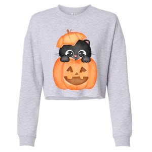 Pumpkin Kitty Cute Halloween Cropped Pullover Crew