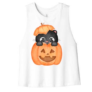 Pumpkin Kitty Cute Halloween Women's Racerback Cropped Tank