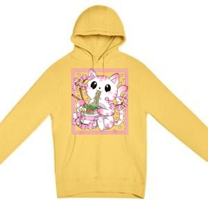 Pink Kawaii Cat Ramen Noodles Anime Japanese Cherry Blossom Premium Pullover Hoodie