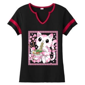 Pink Kawaii Cat Ramen Noodles Anime Japanese Cherry Blossom Ladies Halftime Notch Neck Tee