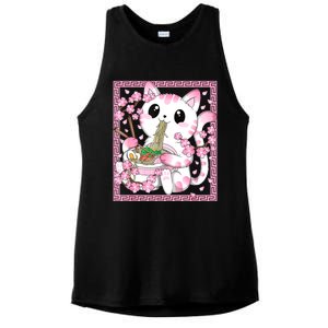 Pink Kawaii Cat Ramen Noodles Anime Japanese Cherry Blossom Ladies PosiCharge Tri-Blend Wicking Tank