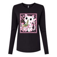 Pink Kawaii Cat Ramen Noodles Anime Japanese Cherry Blossom Womens Cotton Relaxed Long Sleeve T-Shirt