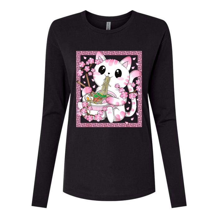 Pink Kawaii Cat Ramen Noodles Anime Japanese Cherry Blossom Womens Cotton Relaxed Long Sleeve T-Shirt