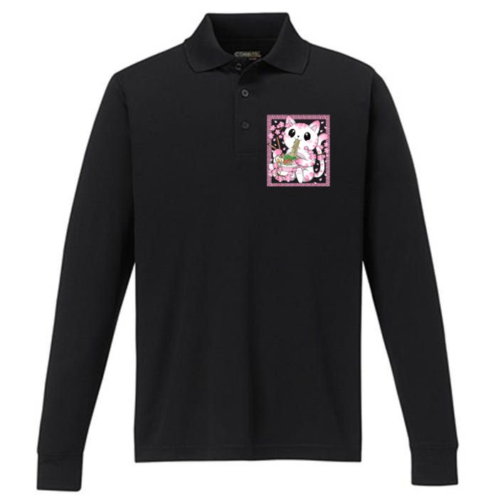 Pink Kawaii Cat Ramen Noodles Anime Japanese Cherry Blossom Performance Long Sleeve Polo