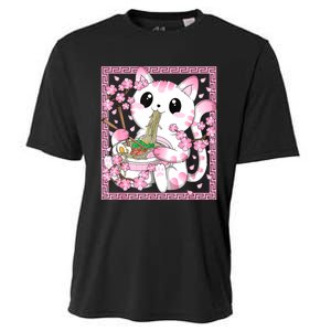 Pink Kawaii Cat Ramen Noodles Anime Japanese Cherry Blossom Cooling Performance Crew T-Shirt