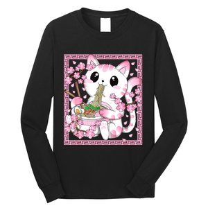 Pink Kawaii Cat Ramen Noodles Anime Japanese Cherry Blossom Long Sleeve Shirt