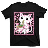 Pink Kawaii Cat Ramen Noodles Anime Japanese Cherry Blossom T-Shirt