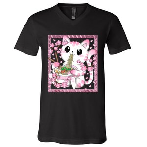 Pink Kawaii Cat Ramen Noodles Anime Japanese Cherry Blossom V-Neck T-Shirt