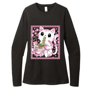 Pink Kawaii Cat Ramen Noodles Anime Japanese Cherry Blossom Womens CVC Long Sleeve Shirt