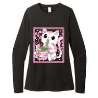 Pink Kawaii Cat Ramen Noodles Anime Japanese Cherry Blossom Womens CVC Long Sleeve Shirt