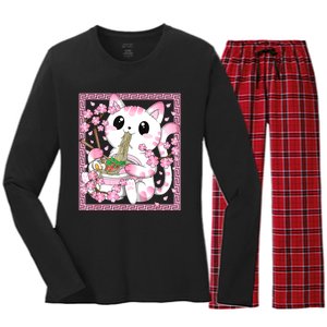 Pink Kawaii Cat Ramen Noodles Anime Japanese Cherry Blossom Women's Long Sleeve Flannel Pajama Set 