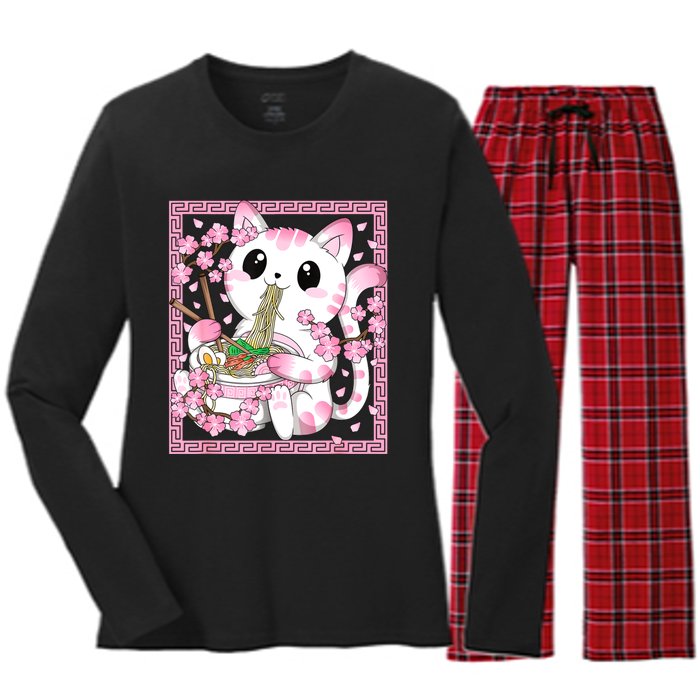 Pink Kawaii Cat Ramen Noodles Anime Japanese Cherry Blossom Women's Long Sleeve Flannel Pajama Set 