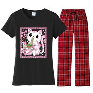 Pink Kawaii Cat Ramen Noodles Anime Japanese Cherry Blossom Women's Flannel Pajama Set