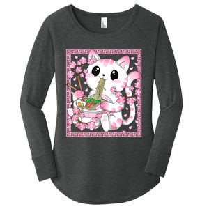 Pink Kawaii Cat Ramen Noodles Anime Japanese Cherry Blossom Women's Perfect Tri Tunic Long Sleeve Shirt