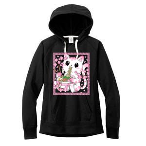 Pink Kawaii Cat Ramen Noodles Anime Japanese Cherry Blossom Women's Fleece Hoodie