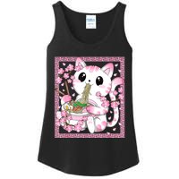 Pink Kawaii Cat Ramen Noodles Anime Japanese Cherry Blossom Ladies Essential Tank