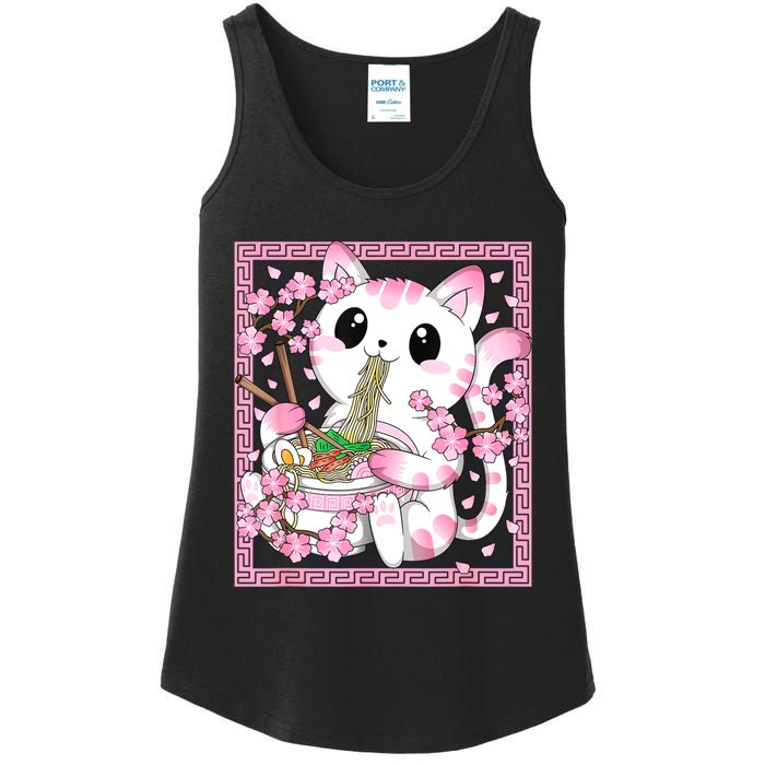 Pink Kawaii Cat Ramen Noodles Anime Japanese Cherry Blossom Ladies Essential Tank