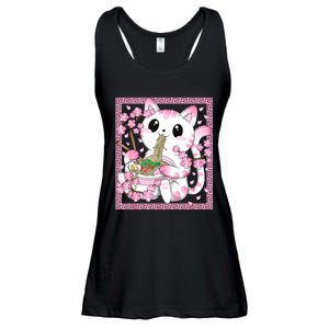 Pink Kawaii Cat Ramen Noodles Anime Japanese Cherry Blossom Ladies Essential Flowy Tank