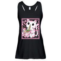 Pink Kawaii Cat Ramen Noodles Anime Japanese Cherry Blossom Ladies Essential Flowy Tank