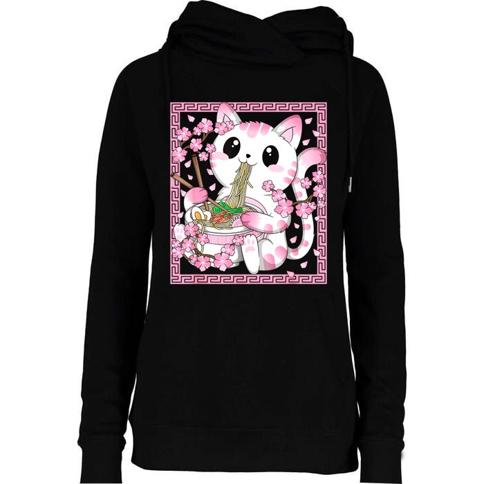 Pink Kawaii Cat Ramen Noodles Anime Japanese Cherry Blossom Womens Funnel Neck Pullover Hood