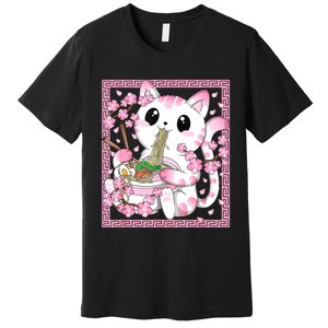 Pink Kawaii Cat Ramen Noodles Anime Japanese Cherry Blossom Premium T-Shirt