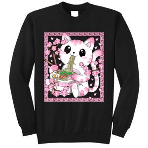 Pink Kawaii Cat Ramen Noodles Anime Japanese Cherry Blossom Tall Sweatshirt