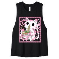 Pink Kawaii Cat Ramen Noodles Anime Japanese Cherry Blossom Women's Racerback Cropped Tank