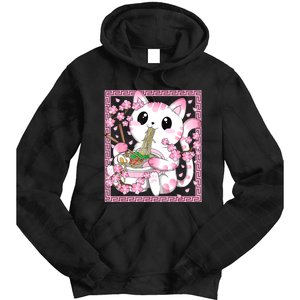 Pink Kawaii Cat Ramen Noodles Anime Japanese Cherry Blossom Tie Dye Hoodie