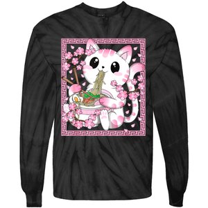 Pink Kawaii Cat Ramen Noodles Anime Japanese Cherry Blossom Tie-Dye Long Sleeve Shirt