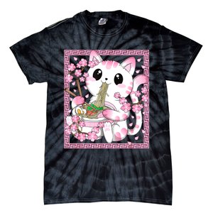 Pink Kawaii Cat Ramen Noodles Anime Japanese Cherry Blossom Tie-Dye T-Shirt