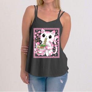 Pink Kawaii Cat Ramen Noodles Anime Japanese Cherry Blossom Women's Strappy Tank