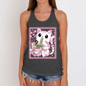 Pink Kawaii Cat Ramen Noodles Anime Japanese Cherry Blossom Women's Knotted Racerback Tank