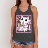 Pink Kawaii Cat Ramen Noodles Anime Japanese Cherry Blossom Women's Knotted Racerback Tank