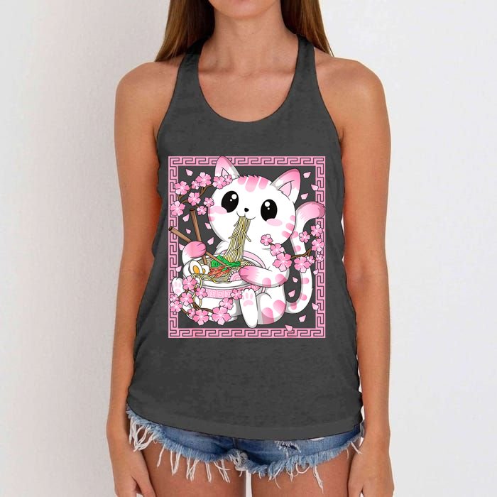 Pink Kawaii Cat Ramen Noodles Anime Japanese Cherry Blossom Women's Knotted Racerback Tank