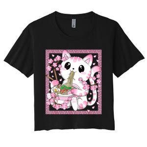 Pink Kawaii Cat Ramen Noodles Anime Japanese Cherry Blossom Women's Crop Top Tee