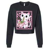 Pink Kawaii Cat Ramen Noodles Anime Japanese Cherry Blossom Cropped Pullover Crew