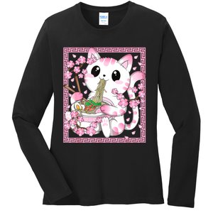 Pink Kawaii Cat Ramen Noodles Anime Japanese Cherry Blossom Ladies Long Sleeve Shirt