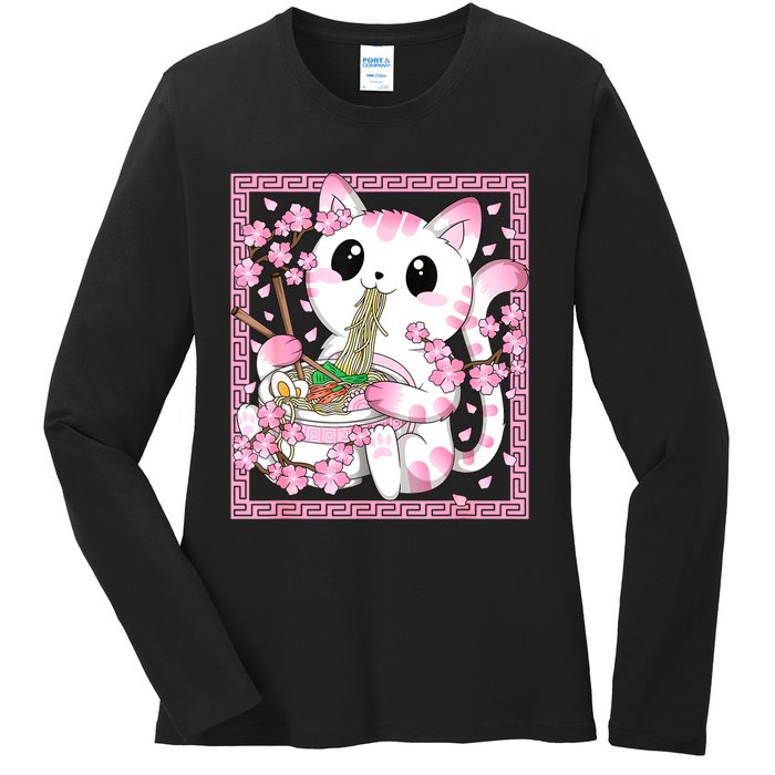 Pink Kawaii Cat Ramen Noodles Anime Japanese Cherry Blossom Ladies Long Sleeve Shirt